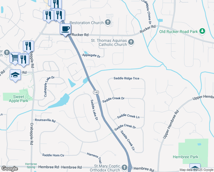 map of restaurants, bars, coffee shops, grocery stores, and more near 640 Saddle Ridge Trce in Roswell