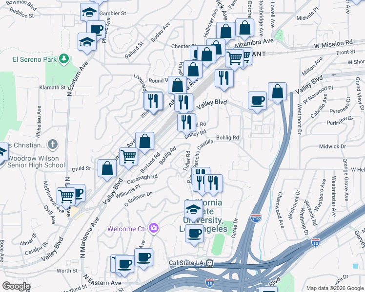 map of restaurants, bars, coffee shops, grocery stores, and more near 2258 Lafler Road in Los Angeles