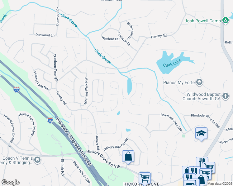 map of restaurants, bars, coffee shops, grocery stores, and more near 1908 Hamby Place Drive in Acworth