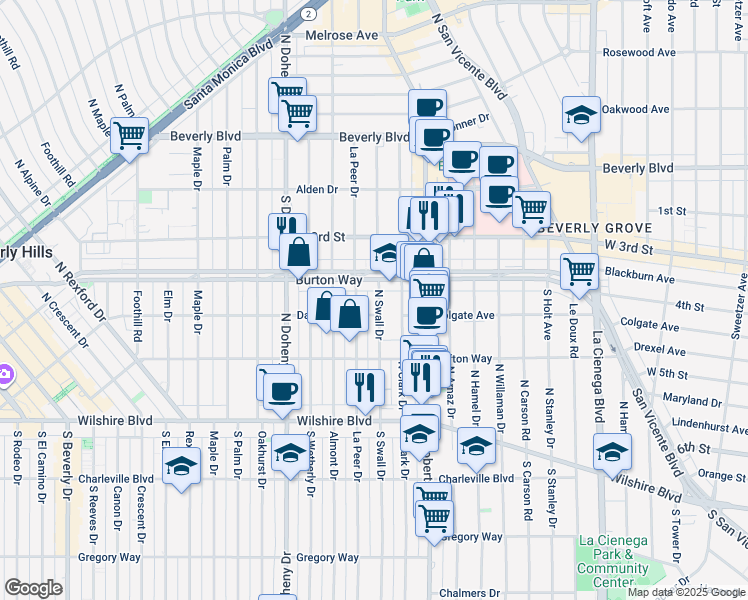 map of restaurants, bars, coffee shops, grocery stores, and more near 315 North Swall Drive in Beverly Hills