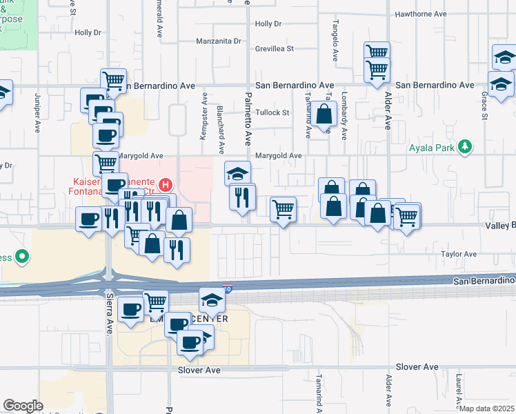 map of restaurants, bars, coffee shops, grocery stores, and more near 17400 Valley Boulevard in Fontana