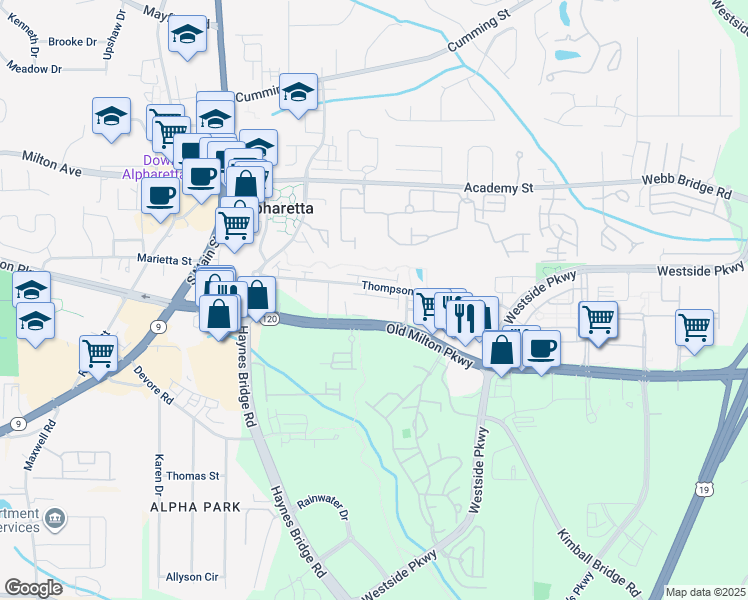 map of restaurants, bars, coffee shops, grocery stores, and more near 195 Briscoe Way in Alpharetta