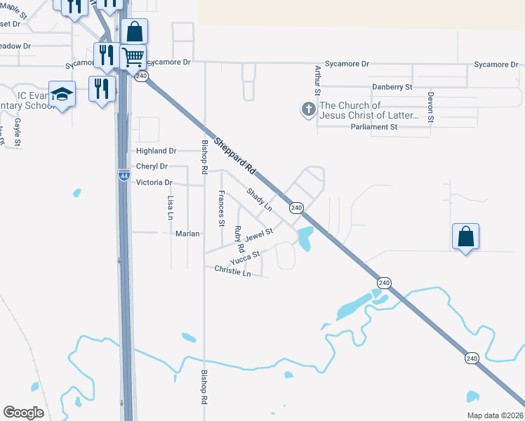 map of restaurants, bars, coffee shops, grocery stores, and more near 1008 Rosebud Street in Burkburnett