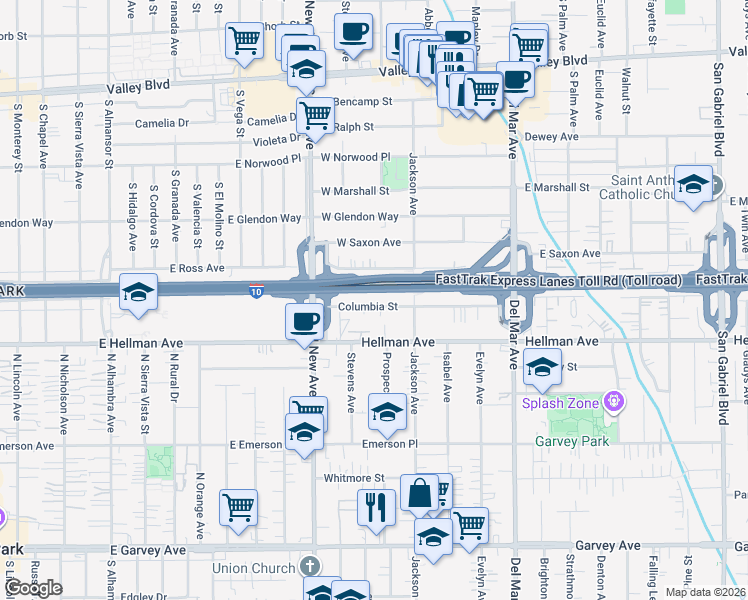 map of restaurants, bars, coffee shops, grocery stores, and more near 7534 Columbia Street in Rosemead