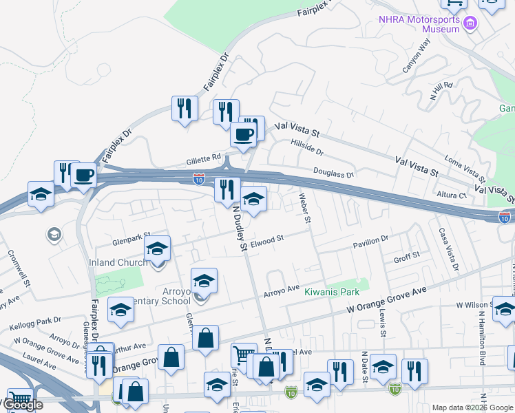 map of restaurants, bars, coffee shops, grocery stores, and more near 1383 Nimbus Court in Pomona