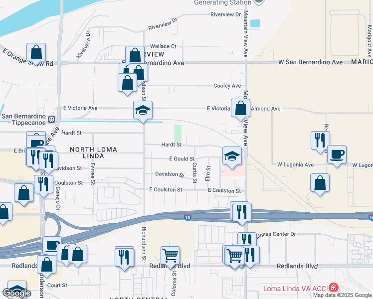 map of restaurants, bars, coffee shops, grocery stores, and more near 1815 Hardt Street in Loma Linda