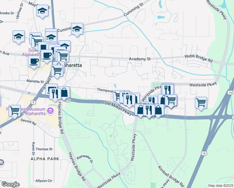 map of restaurants, bars, coffee shops, grocery stores, and more near 221 Thompson Street in Alpharetta