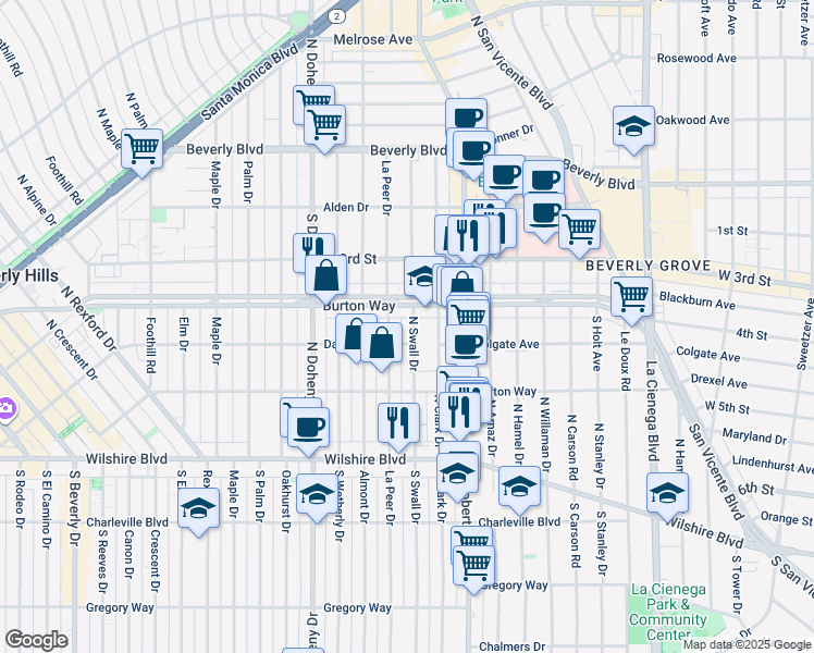 map of restaurants, bars, coffee shops, grocery stores, and more near 315 North Swall Drive in Beverly Hills