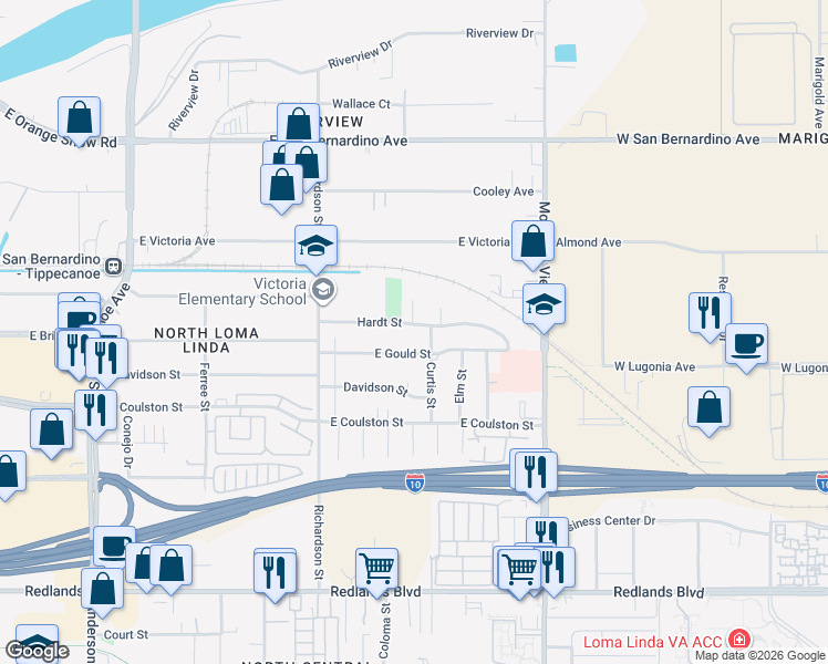 map of restaurants, bars, coffee shops, grocery stores, and more near 1815 Hardt Street in Loma Linda