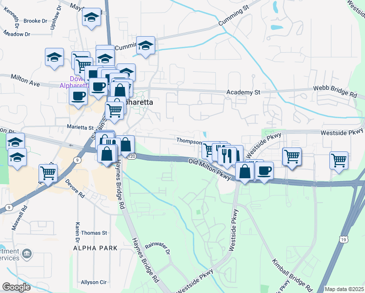 map of restaurants, bars, coffee shops, grocery stores, and more near 195 Briscoe Way in Alpharetta