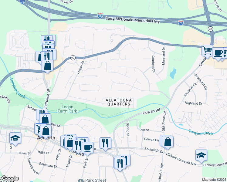 map of restaurants, bars, coffee shops, grocery stores, and more near 3629 Spring Meadow Court in Acworth
