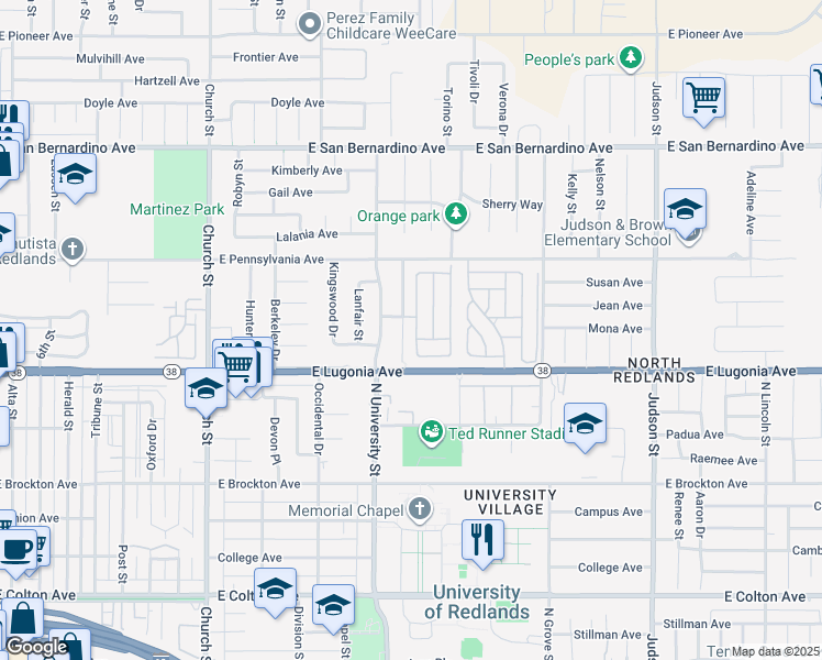 map of restaurants, bars, coffee shops, grocery stores, and more near 1325 Medallion Street in Redlands