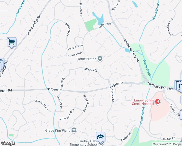 map of restaurants, bars, coffee shops, grocery stores, and more near 410 Millhaven Way in Alpharetta