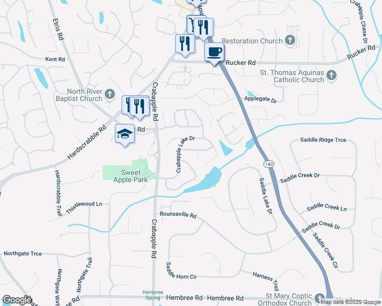 map of restaurants, bars, coffee shops, grocery stores, and more near 1335 Crabapple Lake Circle in Roswell