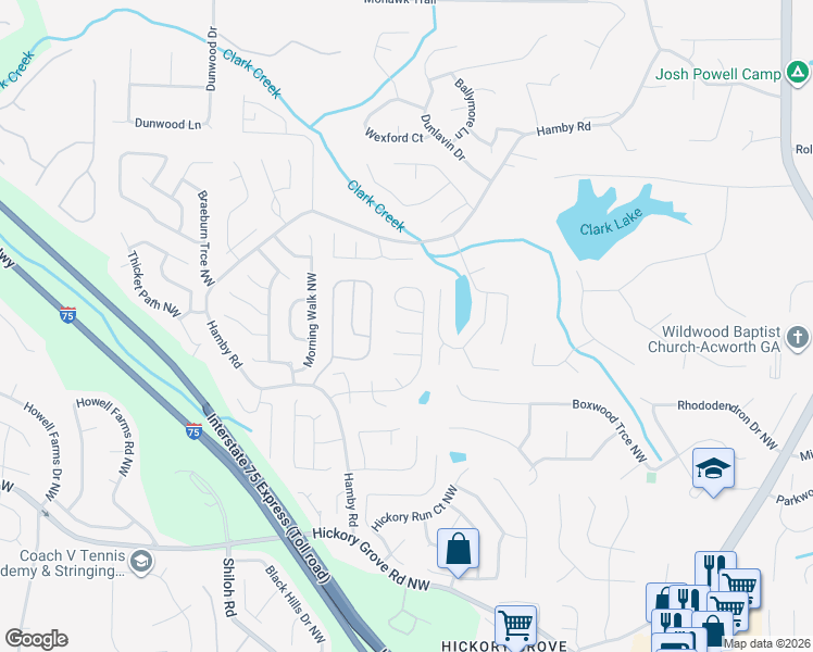 map of restaurants, bars, coffee shops, grocery stores, and more near 1908 Hamby Place Drive in Acworth
