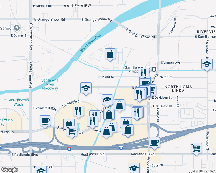 map of restaurants, bars, coffee shops, grocery stores, and more near East Brier Drive in San Bernardino