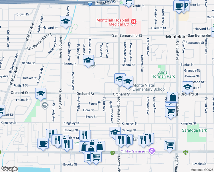 map of restaurants, bars, coffee shops, grocery stores, and more near 10076 Tudor Avenue in Montclair