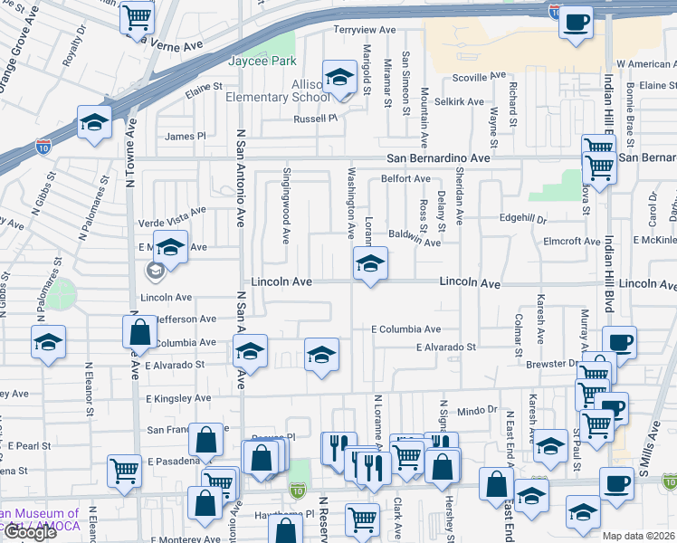 map of restaurants, bars, coffee shops, grocery stores, and more near 1211 Washington Avenue in Pomona