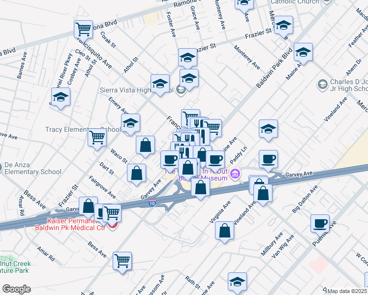 map of restaurants, bars, coffee shops, grocery stores, and more near 3127 Baldwin Park Boulevard in Baldwin Park