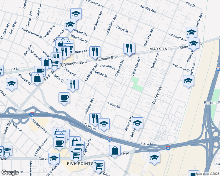 map of restaurants, bars, coffee shops, grocery stores, and more near 3635 Cogswell Road in El Monte