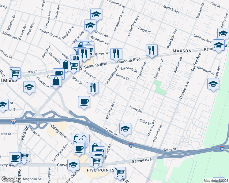 map of restaurants, bars, coffee shops, grocery stores, and more near 3587 Whistler Avenue in El Monte