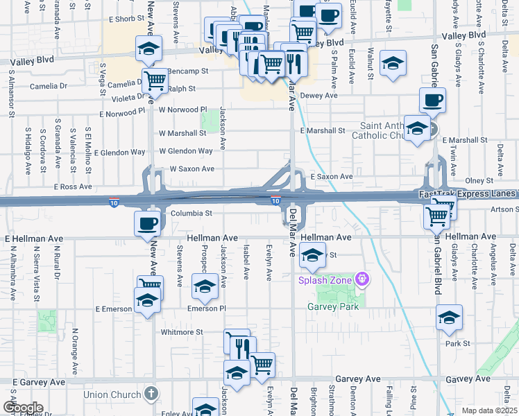map of restaurants, bars, coffee shops, grocery stores, and more near 7714 Columbia Street in Rosemead