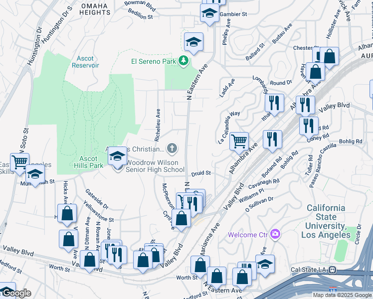 map of restaurants, bars, coffee shops, grocery stores, and more near 2250 North Eastern Avenue in Los Angeles