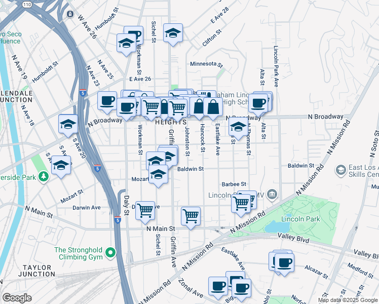 map of restaurants, bars, coffee shops, grocery stores, and more near 2227 Johnston Street in Los Angeles