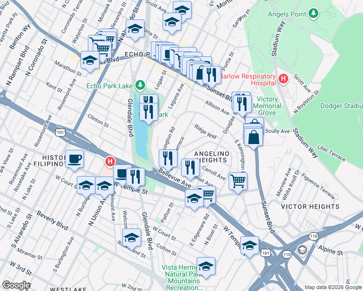 map of restaurants, bars, coffee shops, grocery stores, and more near 666-668 Laveta Terrace in Los Angeles