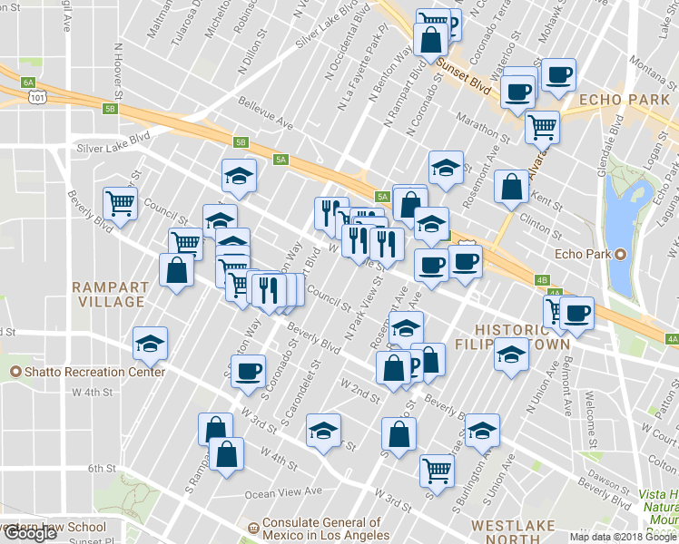 map of restaurants, bars, coffee shops, grocery stores, and more near 234 1/2 North Carondelet Street in Los Angeles