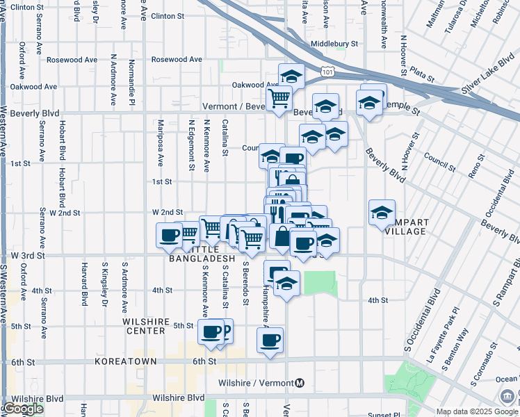 map of restaurants, bars, coffee shops, grocery stores, and more near 209 South New Hampshire Avenue in Los Angeles