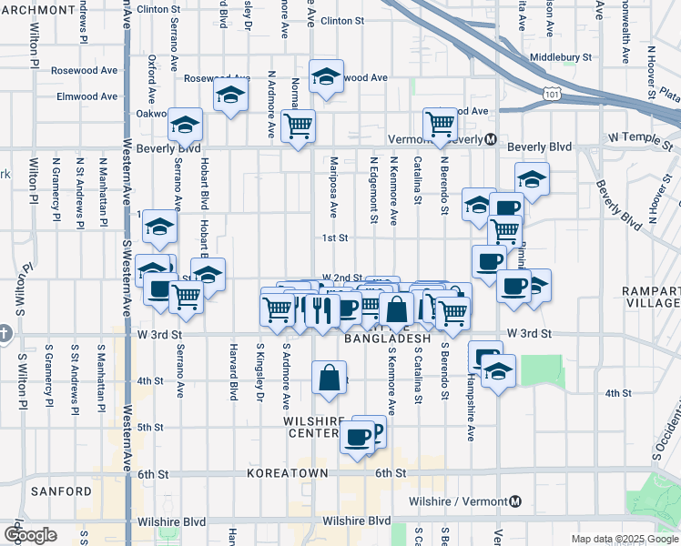 map of restaurants, bars, coffee shops, grocery stores, and more near 200 South Mariposa Avenue in Los Angeles