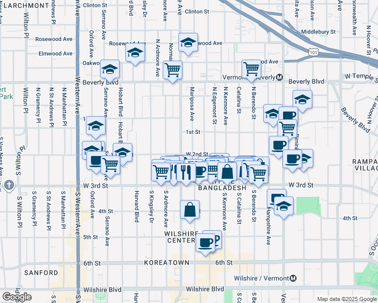 map of restaurants, bars, coffee shops, grocery stores, and more near 200 South Mariposa Avenue in Los Angeles