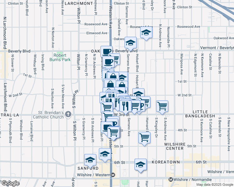 map of restaurants, bars, coffee shops, grocery stores, and more near 201 South Oxford Avenue in Los Angeles