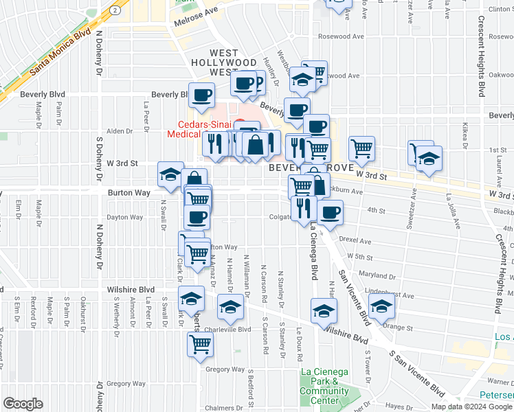 map of restaurants, bars, coffee shops, grocery stores, and more near 433 South Sherbourne Drive in West Hollywood