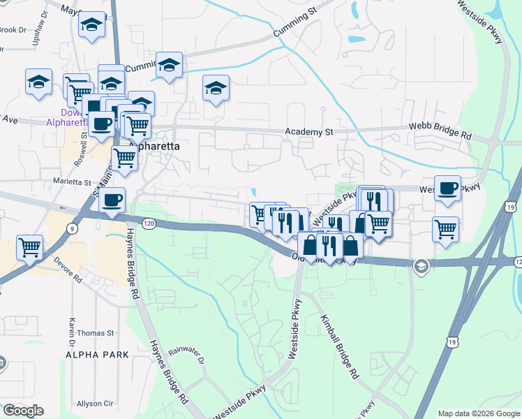 map of restaurants, bars, coffee shops, grocery stores, and more near 360 Concord Street in Alpharetta