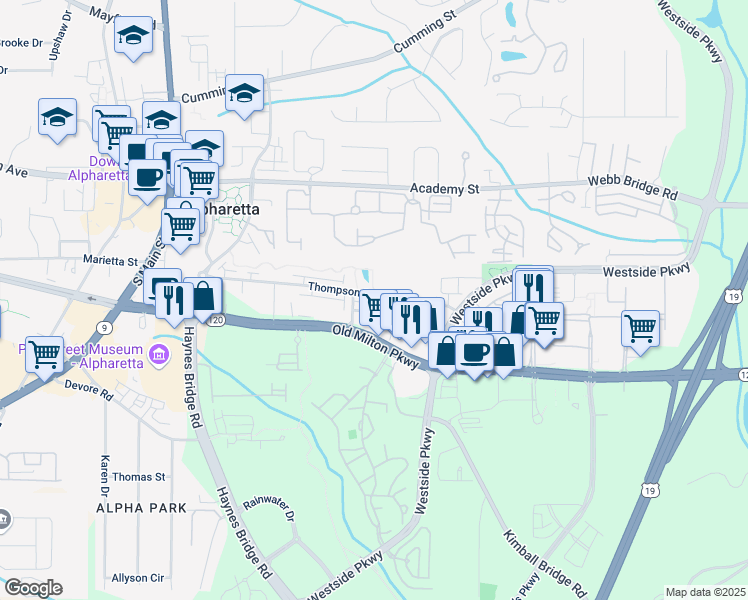 map of restaurants, bars, coffee shops, grocery stores, and more near 221 Thompson Street in Alpharetta
