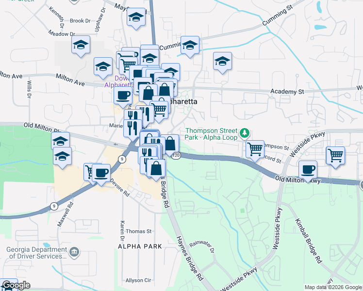 map of restaurants, bars, coffee shops, grocery stores, and more near 2240 Old Milton Parkway in Alpharetta