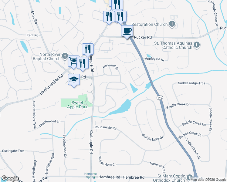 map of restaurants, bars, coffee shops, grocery stores, and more near 1335 Crabapple Lake Circle in Roswell