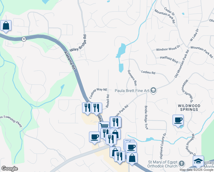 map of restaurants, bars, coffee shops, grocery stores, and more near 4981 Bedell Road in Roswell
