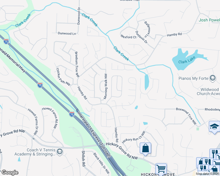 map of restaurants, bars, coffee shops, grocery stores, and more near 1985 Morning Walk Northwest in Acworth