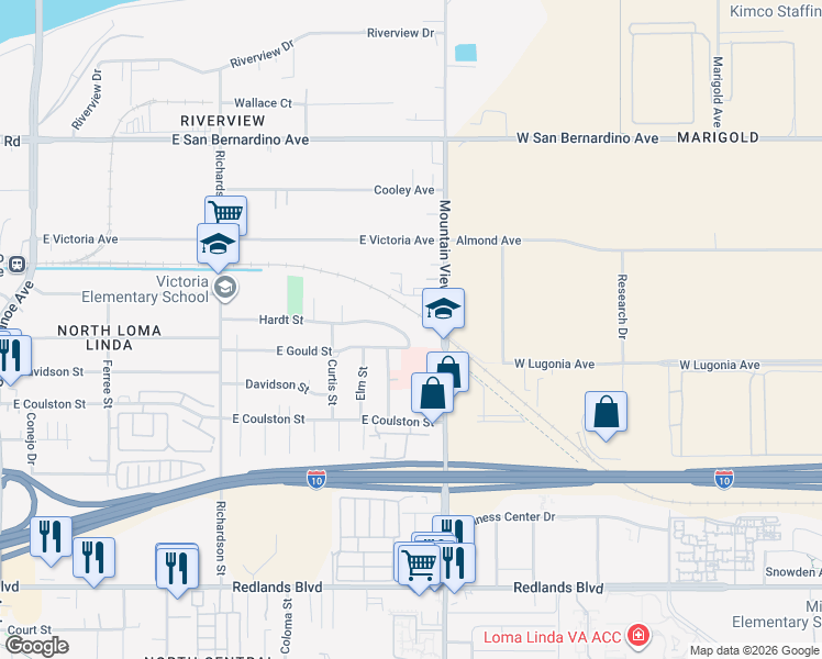 map of restaurants, bars, coffee shops, grocery stores, and more near 1948 East Gould Street in Loma Linda