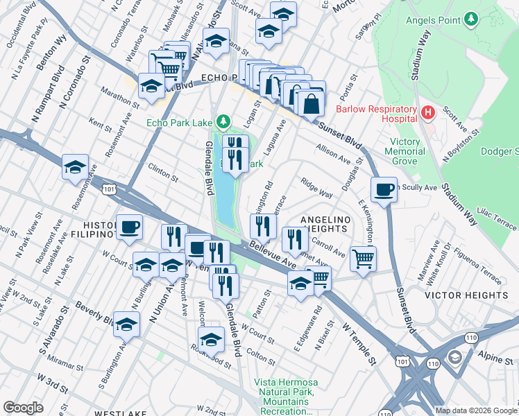 map of restaurants, bars, coffee shops, grocery stores, and more near 1050 West Kensington Road in Los Angeles