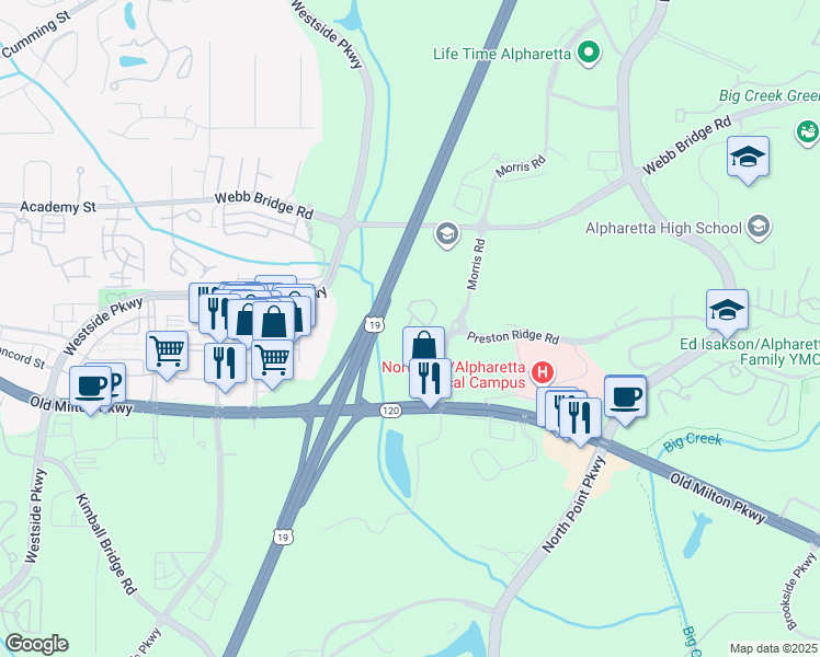 map of restaurants, bars, coffee shops, grocery stores, and more near 63 Country Place Court in Alpharetta