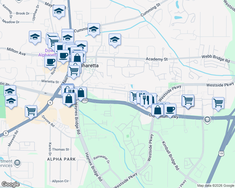 map of restaurants, bars, coffee shops, grocery stores, and more near 2440 Old Milton Parkway in Alpharetta
