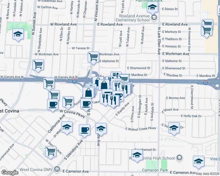 map of restaurants, bars, coffee shops, grocery stores, and more near 1000 Lakes Drive in West Covina