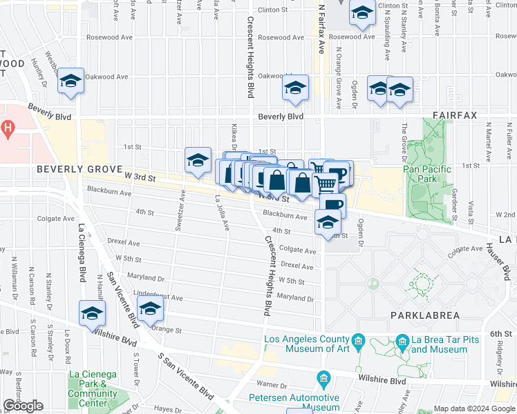 map of restaurants, bars, coffee shops, grocery stores, and more near 8039 Blackburn Avenue in Los Angeles