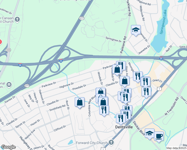 map of restaurants, bars, coffee shops, grocery stores, and more near 2150 Arrowhead Drive in Columbia