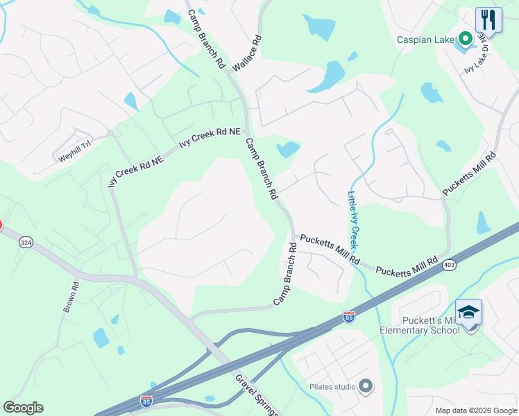 map of restaurants, bars, coffee shops, grocery stores, and more near 2730 Camp Branch Road in Buford