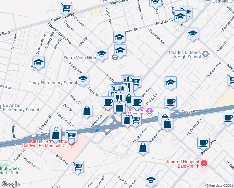 map of restaurants, bars, coffee shops, grocery stores, and more near 13530 Francisquito Avenue in Baldwin Park